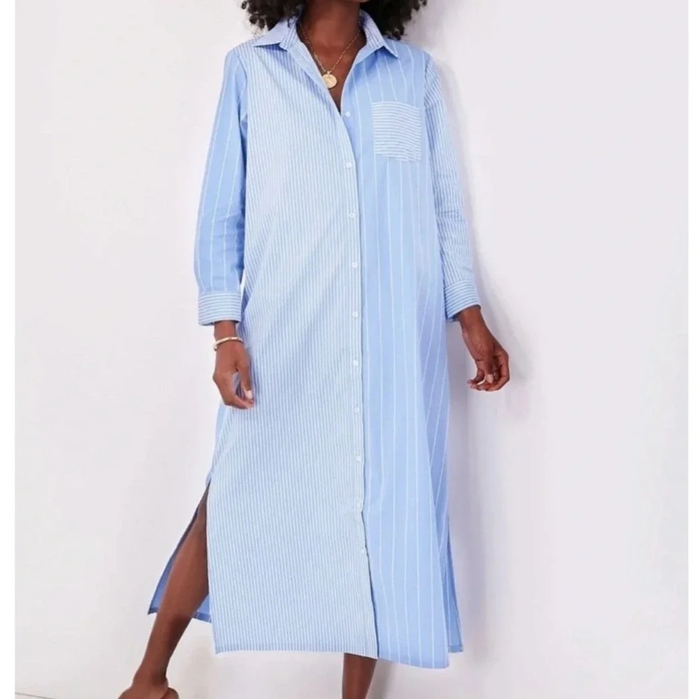 Pomander Place Tuckernuck Blue White Striped Belted Midi Shirt Dress Women Small - Picture 2 of 8